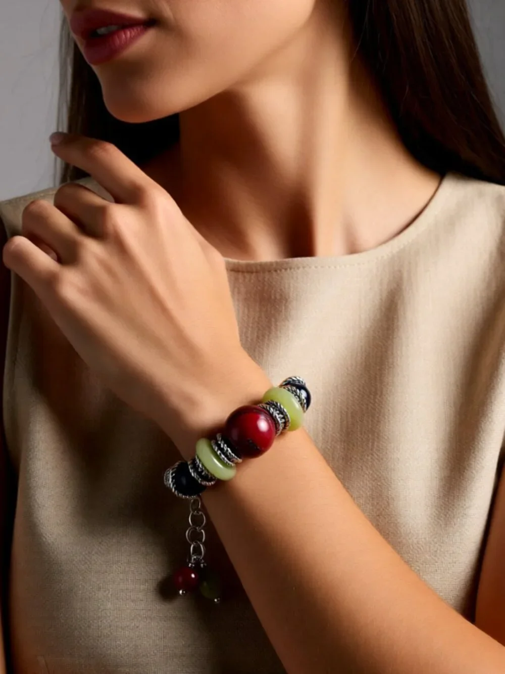 Handmade Eclectic Boho Bracelet - Semi-Precious Beads - Red Grape Green & Blue